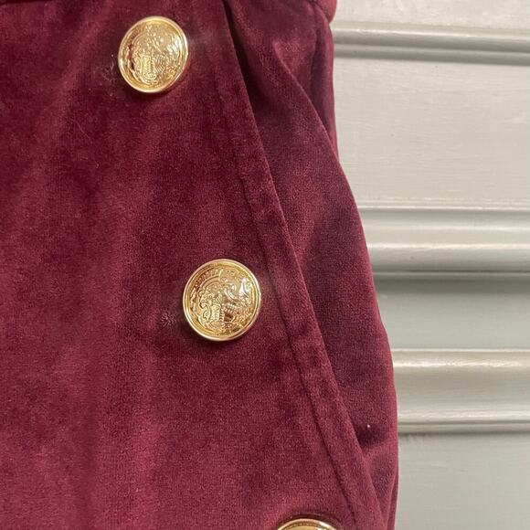 Maison D'Amelie Velvet Wide Leg Pants Size 6 Wine Trouser Holiday Gold Button - Picture 2 of 5